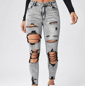 SHEIN Gray Black Distressed Skinny Jeans